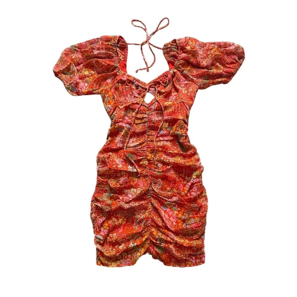 Sky to Moon Dress - Women S Red Floral Ruched Puff Sleeve Mini